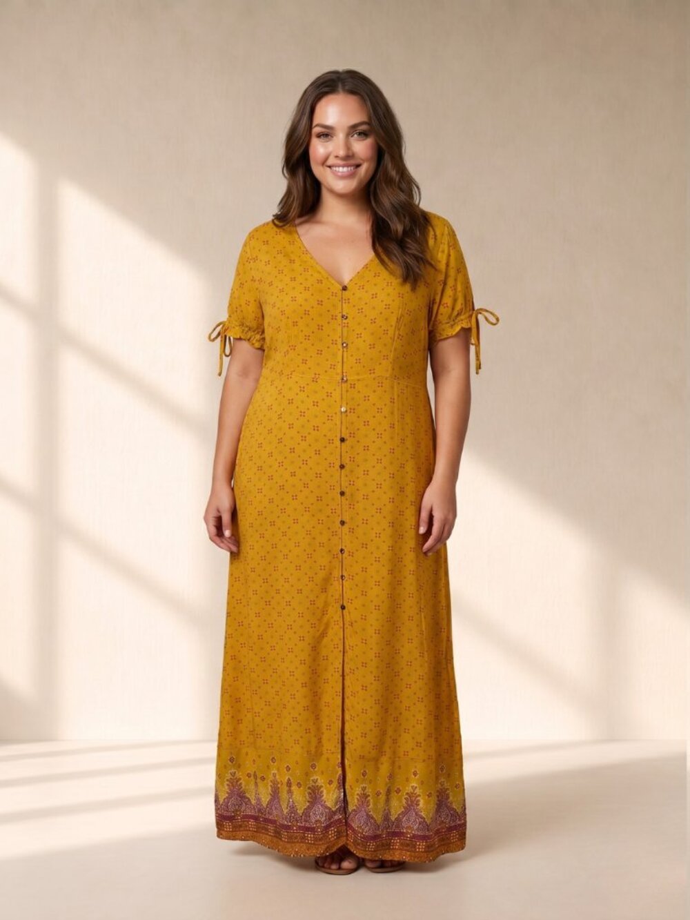 MUDD Mustard Yellow Boho Ditsy Floral Button Down Maxi Dress Tie Sleeve Large